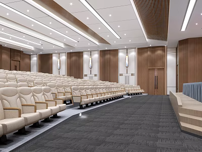 Modern Large Conference Room With Tiered Seating Wooden Walls Podium And Carpeted Floor 3d model