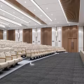 Modern Large Conference Room With Tiered Seating Wooden Walls Podium And Carpeted Floor