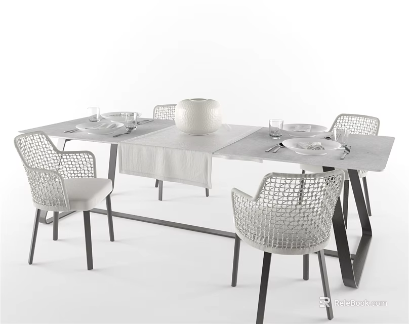 Modern Dining Table Set With Woven Chairs White Bowl And Tableware 3d model