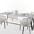 Modern Dining Table Set With Woven Chairs White Bowl And Tableware 3d model