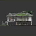 Traditional Wooden House Exterior Design With Gray Roof Red Door Wooden Stairs And Green Grass
