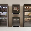 Multiple Modern Wine Refrigerators With Glass Doors Storing Wine Bottles And Shelves