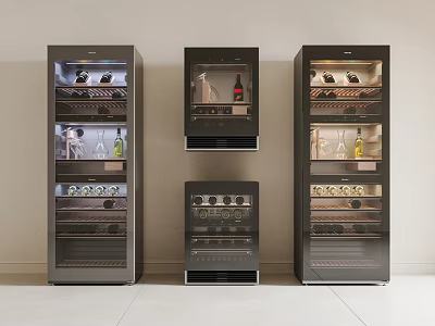 Multiple Modern Wine Refrigerators With Glass Doors Storing Wine Bottles And Shelves 3d model