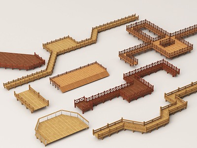 Modern Landscape Wooden Plank Road Hydrophilic Platform Waterside Plank Road Wooden Curved Bridge Landscape Bridge Paddy Field Plank Road 3d model