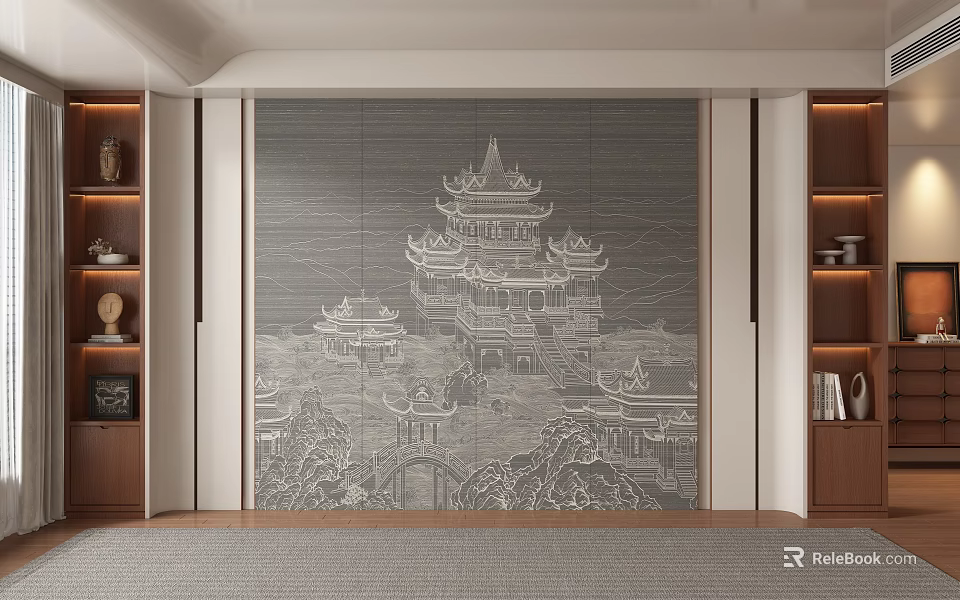 Sofa Backdrop Wall Featuring White Line Ancient Architecture And Wooden Bookshelves With Decorations Tea Sets 3d model 