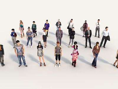 Diverse group of people with various clothing styles standing in white background for design 3d model