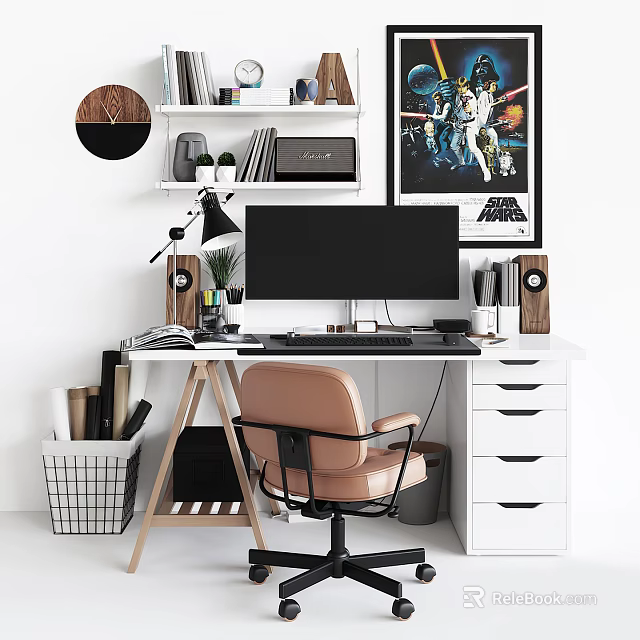 Modern Home Office Desk With Computer Monitor Speakers Lamp And Pink Chair 3d model 