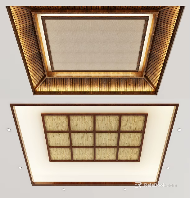Wooden Frame Ceiling Design With Grid Panel And Ambient Lighting Interior 3d model 