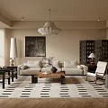 Living Room Interior With Beige Sofa Wooden Floor Black White Striped Rug And Pendant Light