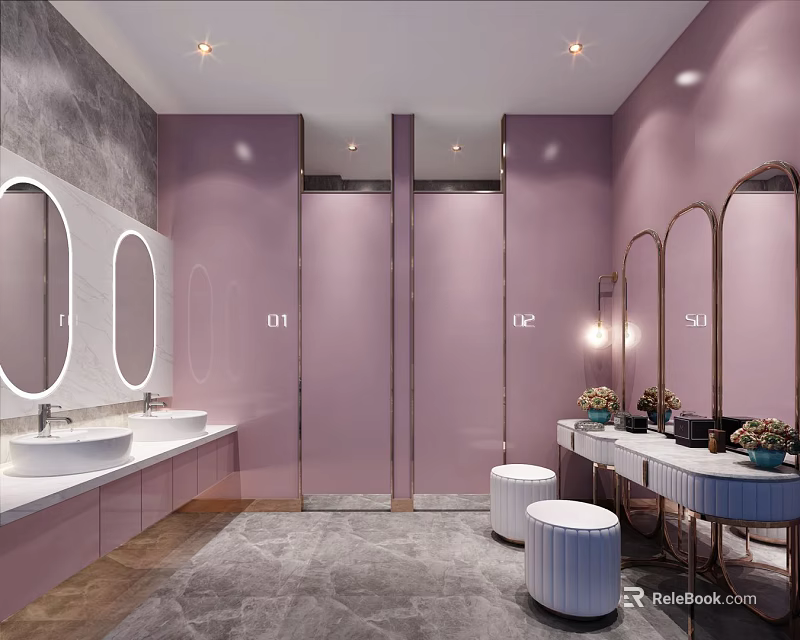 Modern Light Pink Bathroom Interior Design With Oval Mirrors White Sinks And Stools 3d model 