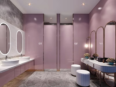 Modern Light Pink Bathroom Interior Design With Oval Mirrors White Sinks And Stools 3d model