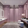 Modern Light Pink Bathroom Interior Design With Oval Mirrors White Sinks And Stools