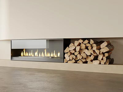 Warm Modern Fireplace Interior With Burning Flames And Stacked Firewood 3d model