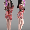 Woman in Red Traditional Floral Patterned Dress Holding Purple Pink Fan with Long Black Hair