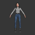 3D Female Character With Gray Turtleneck Blue Geometric Jeans And Silver Mechanical Legs