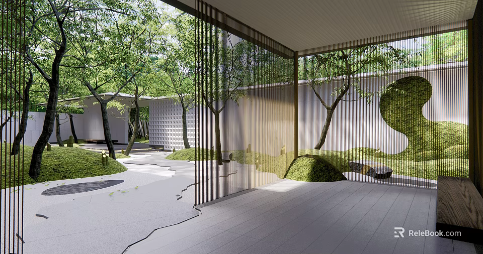 Modern Garden Courtyard Design With Trees Lawn Stone Path And Bamboo Screen 3d model 