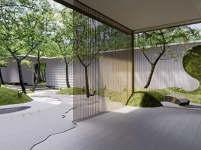Modern Garden Courtyard Design With Trees Lawn Stone Path And Bamboo Screen 3d model