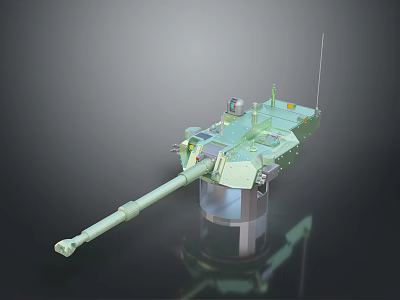 Green Tank Turret Weapon with Long Barrel Antenna and Metal Base on Dark Background 3d model