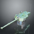 Green Tank Turret Weapon with Long Barrel Antenna and Metal Base on Dark Background