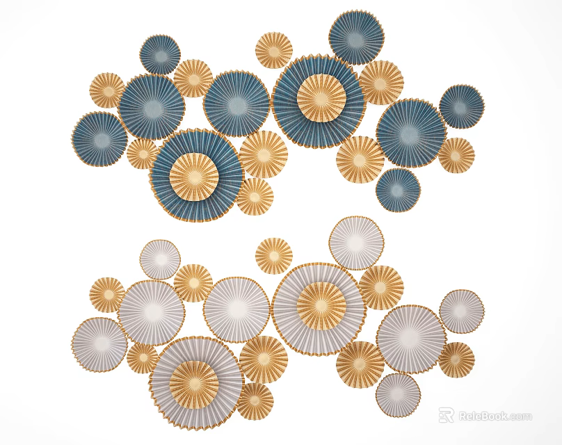 Modern Circular Wall Decor with Blue Gold Gray Patterns and Fan Shaped Design 3d model