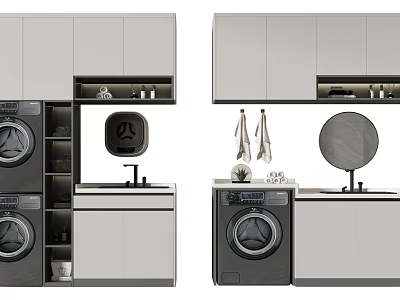 Modern Bathroom Vanity Cabinet With Washing Machine Round Mirror And Hanging Towels 3d model