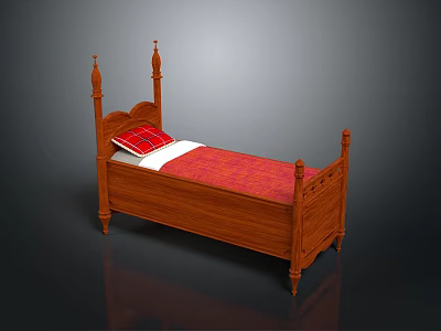 Classic Wooden Four Poster Bed With Red Pillow And Mattress 3d model