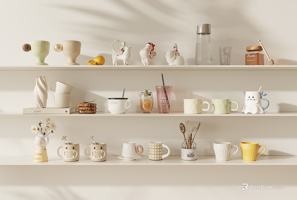Decorative White Shelf Display With Various Mugs Cute Figurines And Vase 3d model 