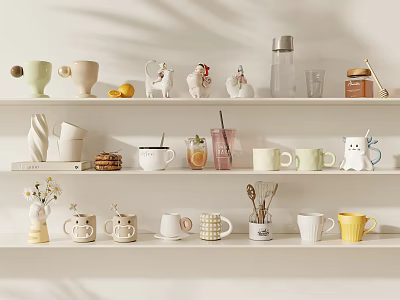 Decorative White Shelf Display With Various Mugs Cute Figurines And Vase 3d model