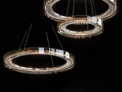 Modern Circular Chandeliers with Metallic Frame and Illuminated Glass Design 3d model