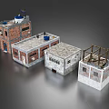 Various Building Models With Scaffolding Different Materials And Roof Water Tanks