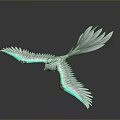 3D Model of Flying Bird With White Wings And Blue Glowing Edges Against Gray Background