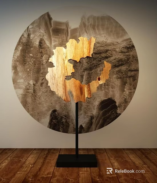 Chinese Style Decorative Ornament Set With Wooden Puzzle Shaped Ornament And Circular Landscape Background 3d model 