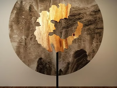 Chinese Style Decorative Ornament Set With Wooden Puzzle Shaped Ornament And Circular Landscape Background 3d model