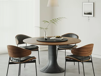 Modern Minimalist Round Table and Chair Set with Wooden Top Black Base and Leather Seats 3d model