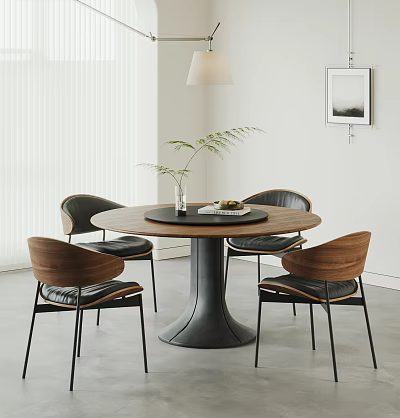 Modern Minimalist Round Table and Chair Set with Wooden Top Black Base and Leather Seats 3d model