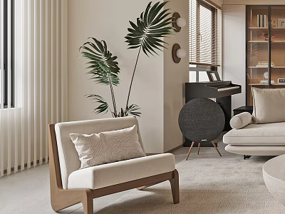 Beige Accent Chair With Wooden Armrests In Modern Minimalist Living Room With Large Green Plant 3d model