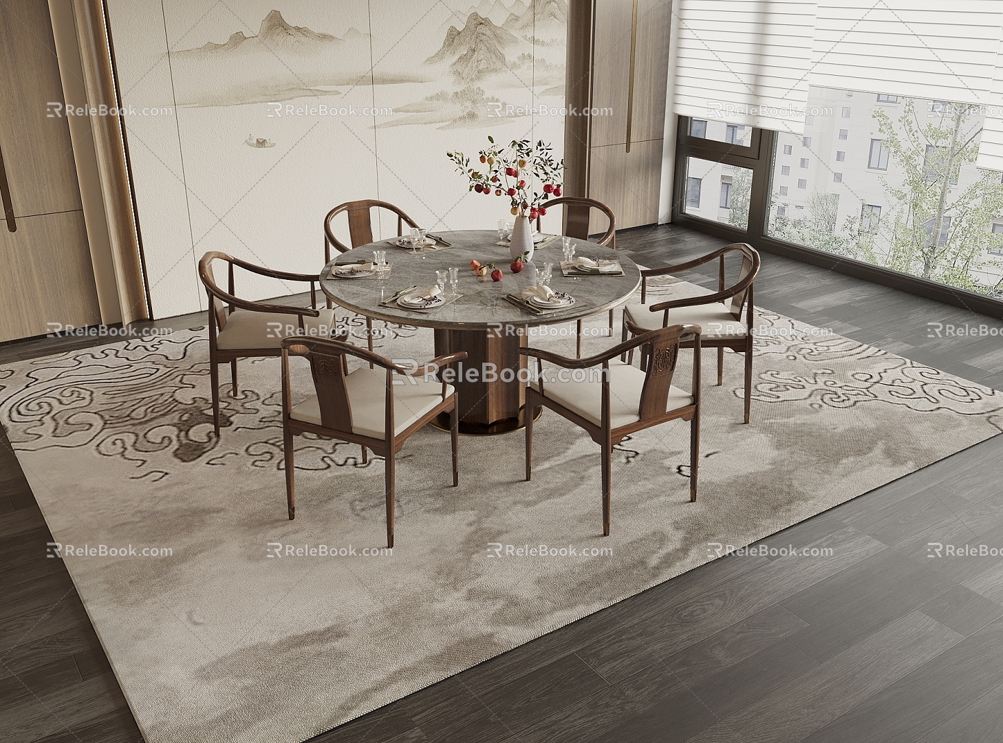 New Chinese Round Dining Table and Chair 3d model