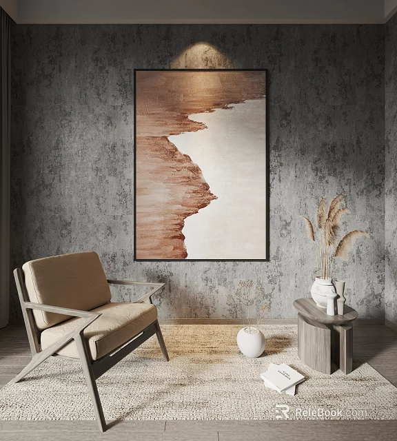 Abstract Painting On Gray Textured Wall With Beige Armchair Side Table And Dried Flowers 3d model 