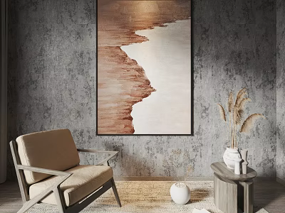 Abstract Painting On Gray Textured Wall With Beige Armchair Side Table And Dried Flowers 3d model