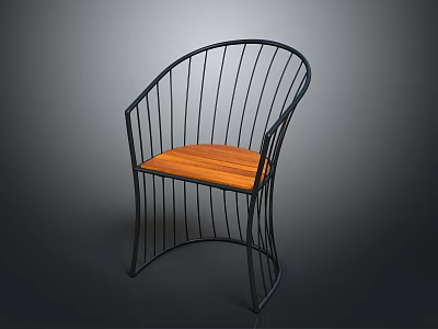 Modern Curved Chair With Black Metal Frame And Wooden Seat 3d model