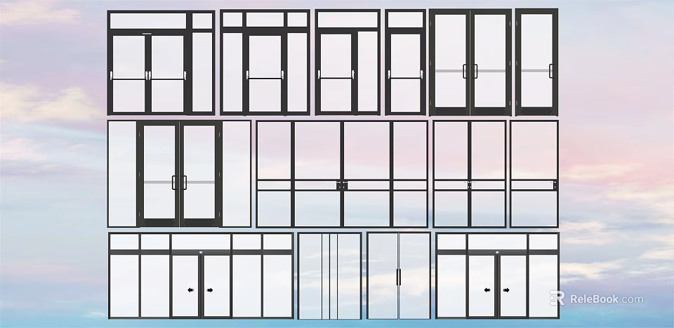 Modern Double Doors Design With Glass Panels And Various Frame Styles 3d model