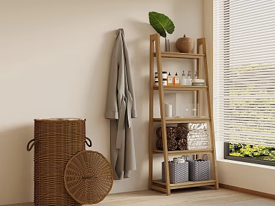 Wicker Storage Baskets And Gray Robe On Wooden Ladder Shelf With Plant Clay Pot Blinds 3d model