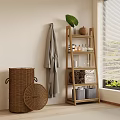 Wicker Storage Baskets And Gray Robe On Wooden Ladder Shelf With Plant Clay Pot Blinds