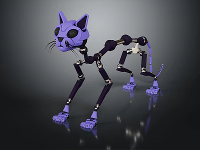 Purple Mechanical Cat with Robotic Skeleton Joints in Standing Position on Reflective Surface 3d model