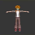 3D Character With Orange Spiky Hair Gray Jacket White Shirt Red Shoes Arms Outstretched