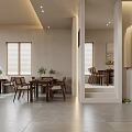 Minimalist Dining Room With Wooden Furniture Pendant Lights And Plants