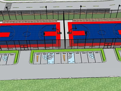 Outdoor Basketball Court Facility With Two Blue Red Courts Parking Area And Fencing 3d model