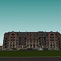 Red Brick Multi Story Residential Building With Green Lawn And Pedestrians Biking