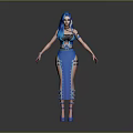 Game Movie Character With Blue Hair Blue Black Decorative Outfit Leg Straps And High Heels
