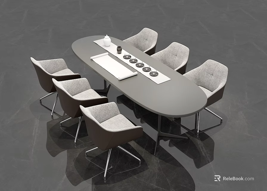 Modern Table And Chair Set With Oval Top Six Chairs For Meeting Room 3d model 